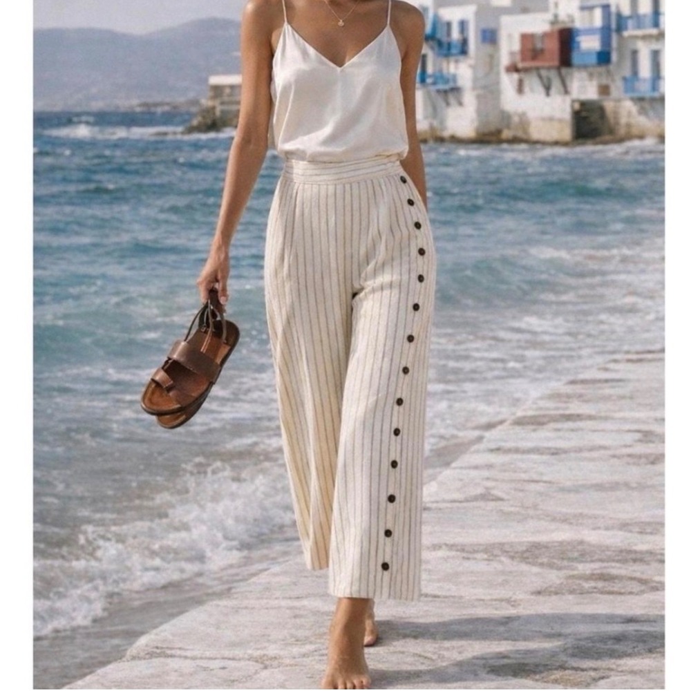 Anthropologie Cream Pinstripe High Waist Wide Leg Boho Crop Button Down Pants 0